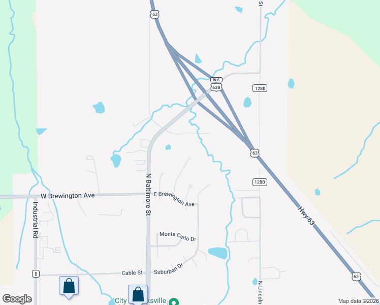 map of restaurants, bars, coffee shops, grocery stores, and more near 513 Lakeside Manor Drive in Kirksville