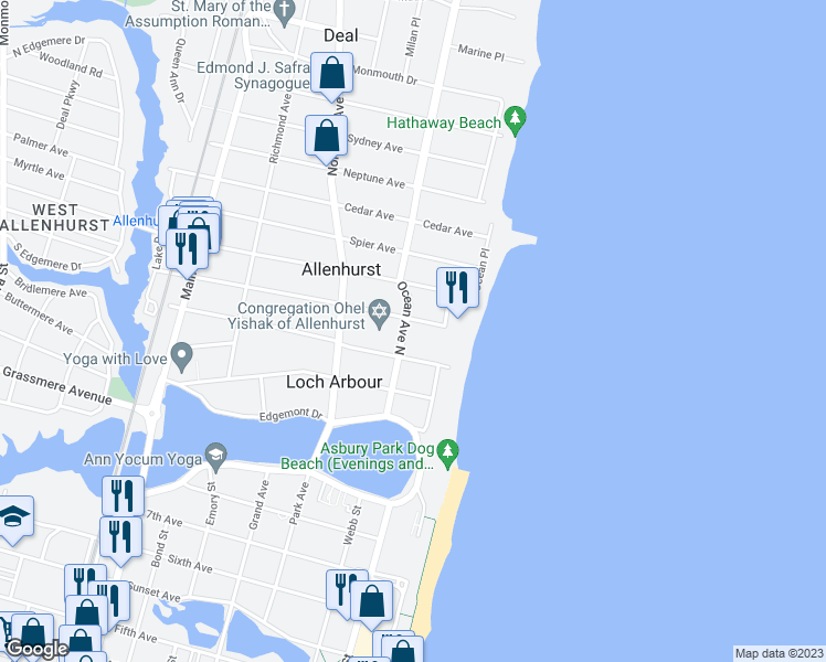 map of restaurants, bars, coffee shops, grocery stores, and more near 24 Allen Avenue in Allenhurst