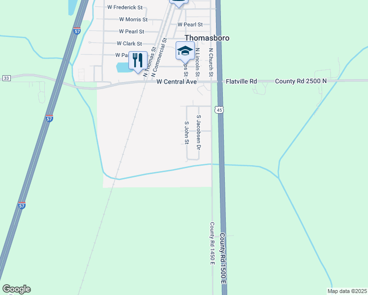 map of restaurants, bars, coffee shops, grocery stores, and more near 308 South John Street in Thomasboro