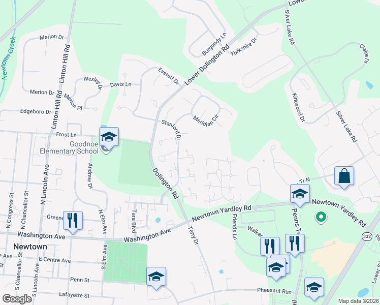 map of restaurants, bars, coffee shops, grocery stores, and more near 554 Atwood Court in Newtown