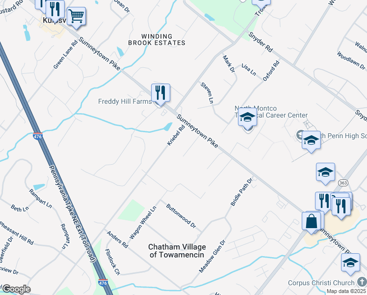 map of restaurants, bars, coffee shops, grocery stores, and more near 1535 Kriebel Road in Lansdale