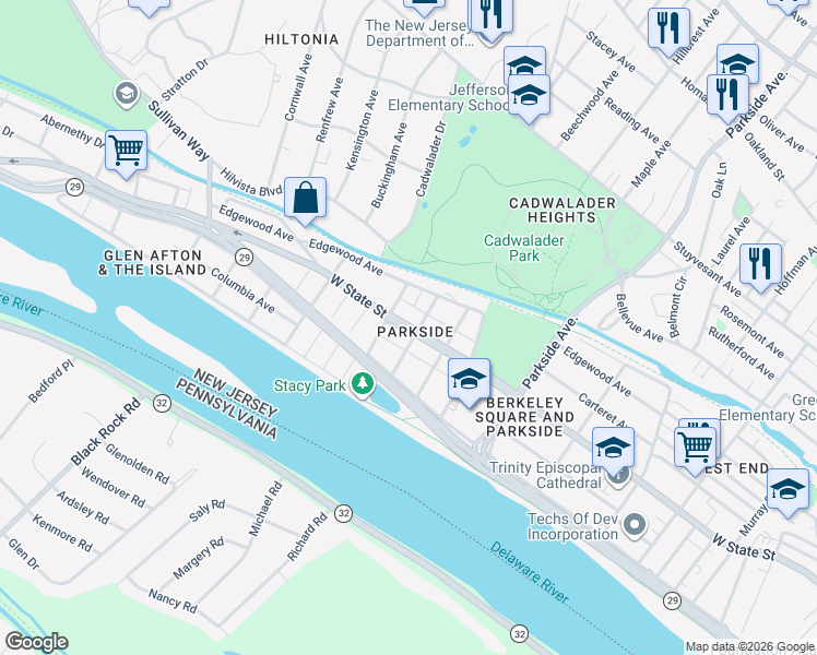 map of restaurants, bars, coffee shops, grocery stores, and more near 1355 West State Street in Trenton