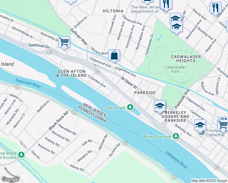 map of restaurants, bars, coffee shops, grocery stores, and more near 107 Laclede Avenue in Trenton