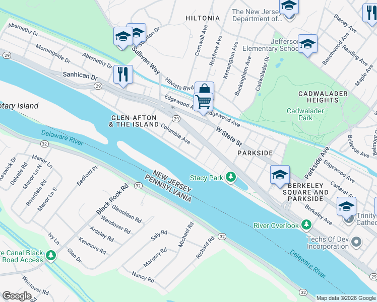map of restaurants, bars, coffee shops, grocery stores, and more near 15 Columbia Avenue in Trenton