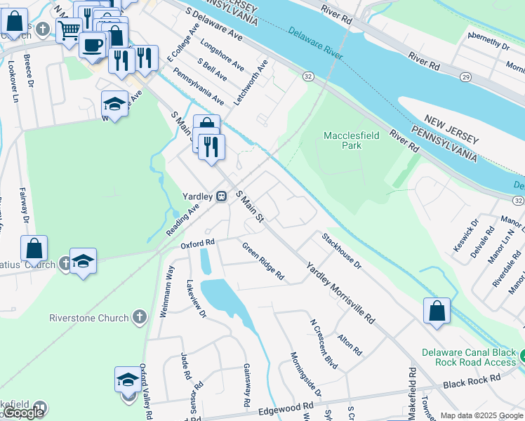 map of restaurants, bars, coffee shops, grocery stores, and more near 114 Yardley Commons in Yardley