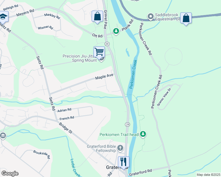 map of restaurants, bars, coffee shops, grocery stores, and more near 15 Willow Lane in Collegeville