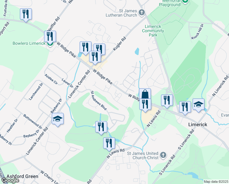 map of restaurants, bars, coffee shops, grocery stores, and more near 1402 Richards Court in Royersford