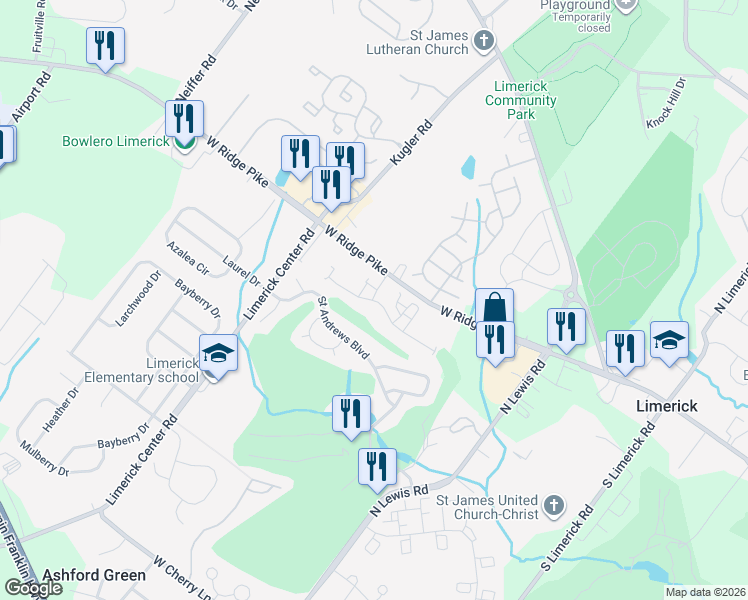 map of restaurants, bars, coffee shops, grocery stores, and more near 1402 Richards Court in Royersford
