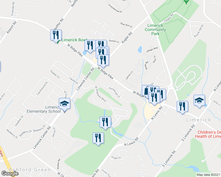 map of restaurants, bars, coffee shops, grocery stores, and more near 103 Hunsberger Drive in Royersford