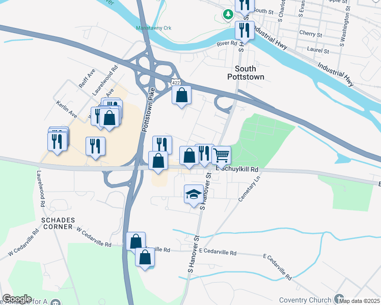 map of restaurants, bars, coffee shops, grocery stores, and more near 620 Kline Avenue in Pottstown