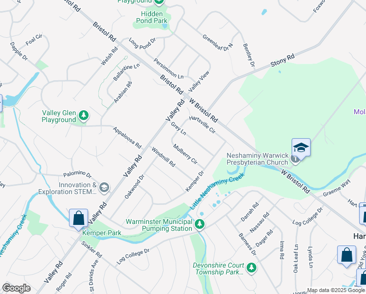 map of restaurants, bars, coffee shops, grocery stores, and more near 1561 Mulberry Circle in Warminster