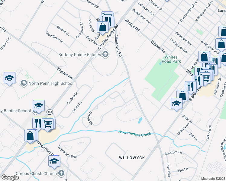 map of restaurants, bars, coffee shops, grocery stores, and more near 1154 Oxford Circle in Lansdale