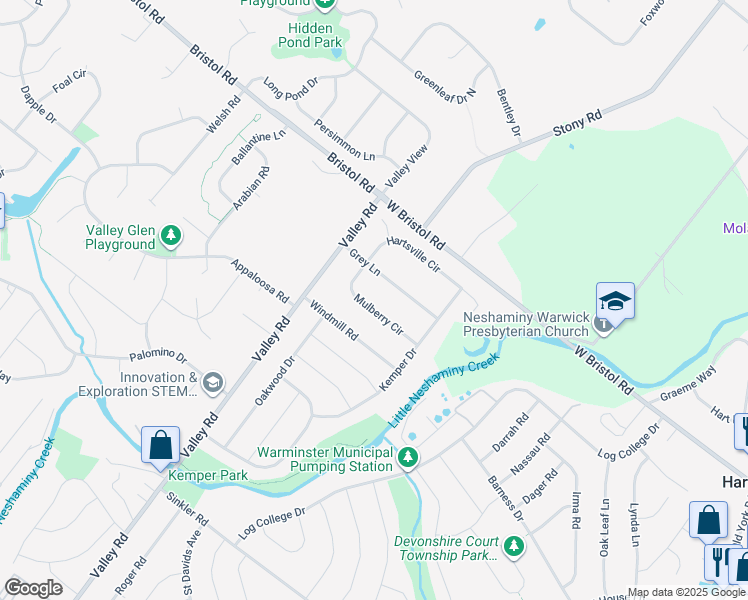 map of restaurants, bars, coffee shops, grocery stores, and more near 1561 Mulberry Circle in Warminster