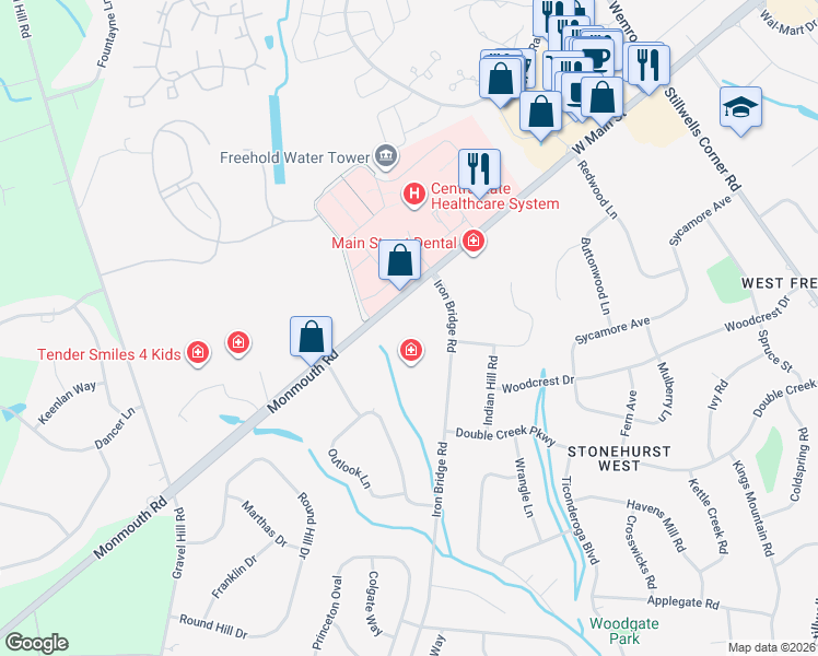 map of restaurants, bars, coffee shops, grocery stores, and more near 555 Iron Bridge Road in Freehold