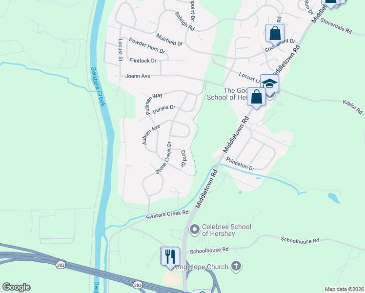 map of restaurants, bars, coffee shops, grocery stores, and more near L180 Parkside Avenue in Hummelstown