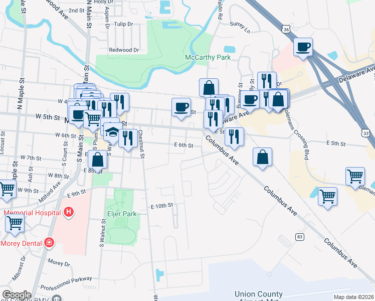 map of restaurants, bars, coffee shops, grocery stores, and more near 703 East 6th Street in Marysville