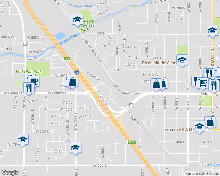 map of restaurants, bars, coffee shops, grocery stores, and more near 0 North Draper Lane in Provo