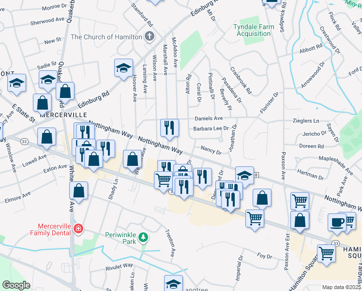 map of restaurants, bars, coffee shops, grocery stores, and more near 380 McAdoo Avenue in Hamilton Township