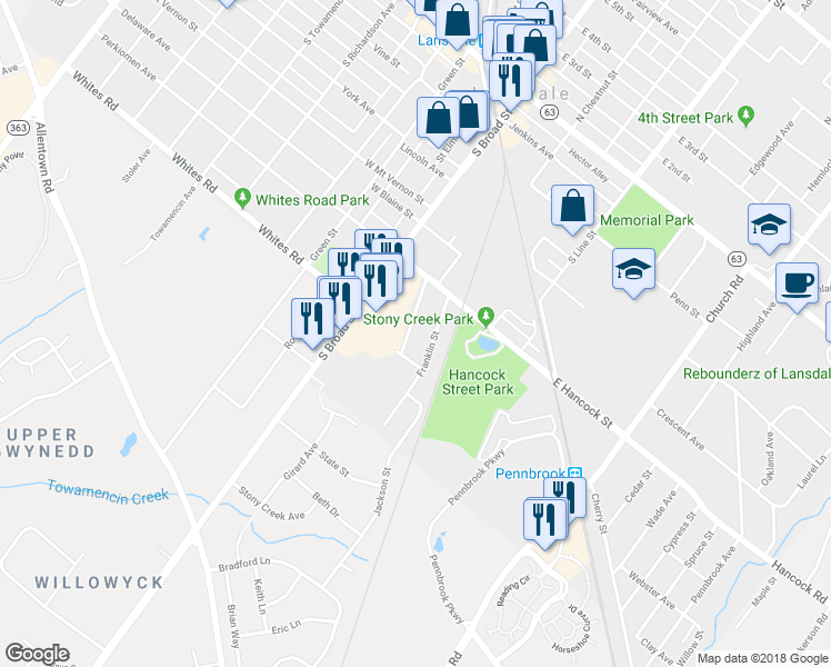 map of restaurants, bars, coffee shops, grocery stores, and more near 449 Jefferson Street in Lansdale