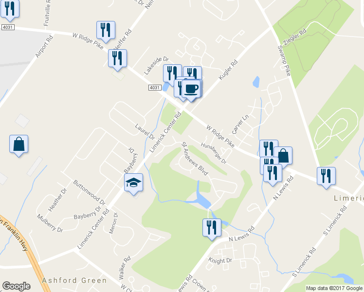 map of restaurants, bars, coffee shops, grocery stores, and more near 41 Saint Andrews Boulevard in Royersford