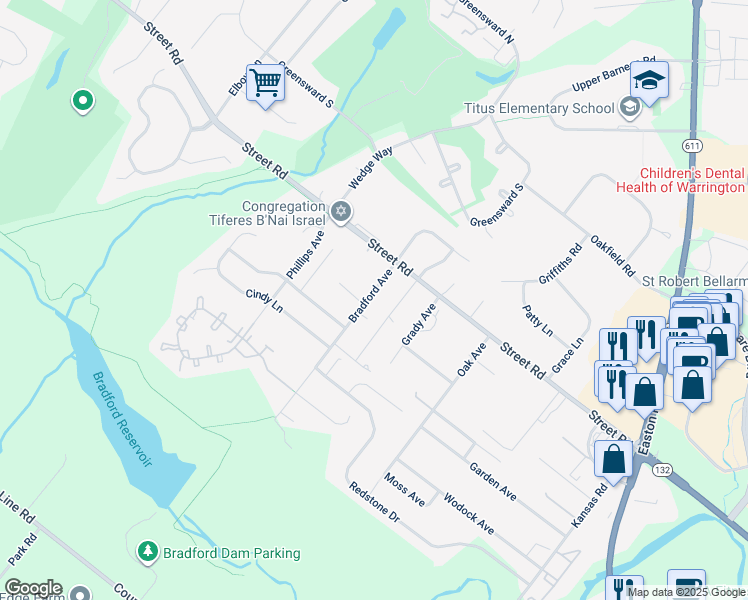map of restaurants, bars, coffee shops, grocery stores, and more near 549 Bradford Avenue in Warrington