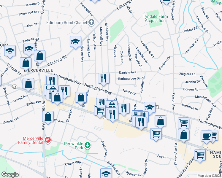 map of restaurants, bars, coffee shops, grocery stores, and more near 380 McAdoo Ave in Hamilton Township