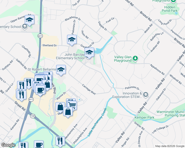 map of restaurants, bars, coffee shops, grocery stores, and more near 884 Stirrup Lane in Warrington