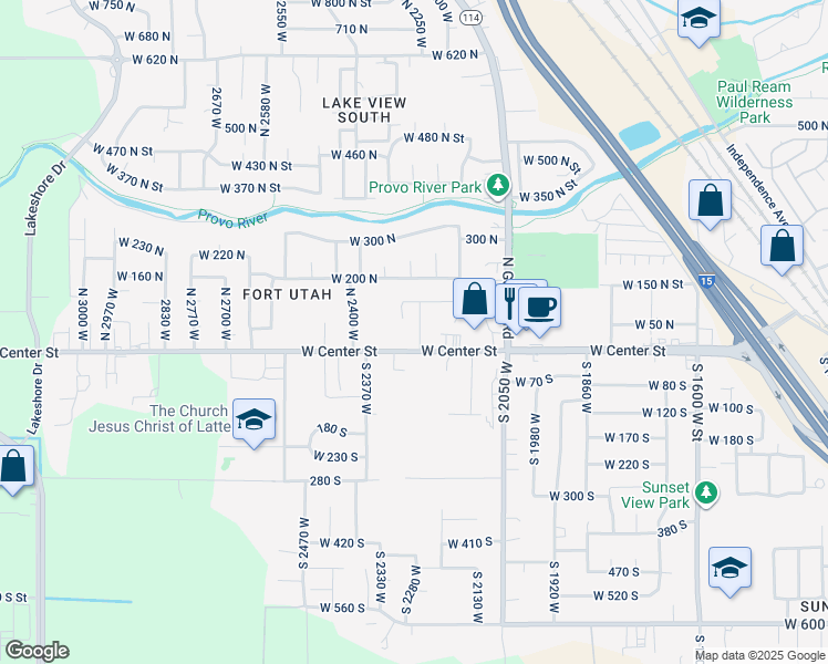 map of restaurants, bars, coffee shops, grocery stores, and more near 47 North 2250 West in Provo