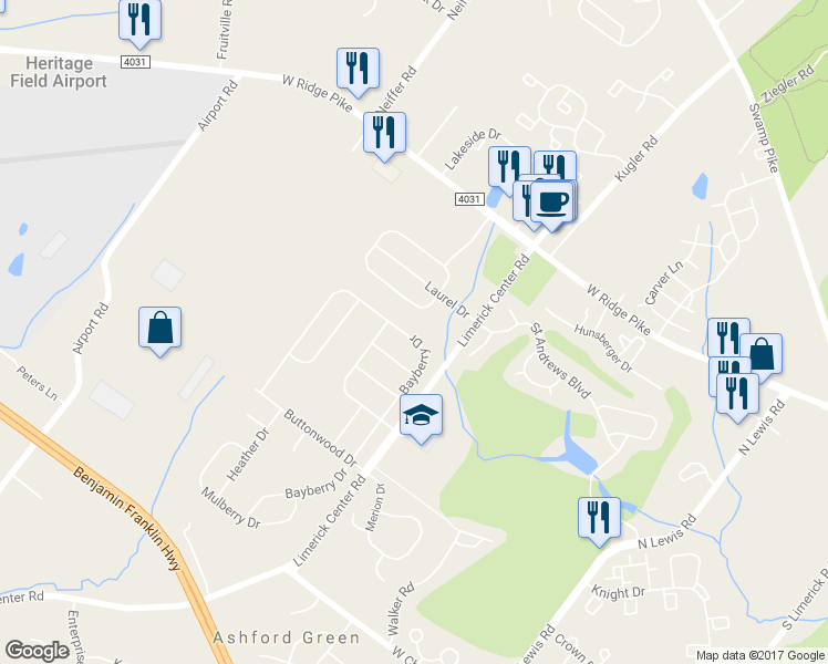 map of restaurants, bars, coffee shops, grocery stores, and more near 164 Bayberry Drive in Royersford