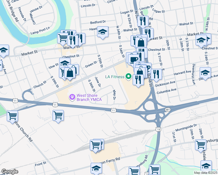 map of restaurants, bars, coffee shops, grocery stores, and more near 3523 March Dr in Camp Hill