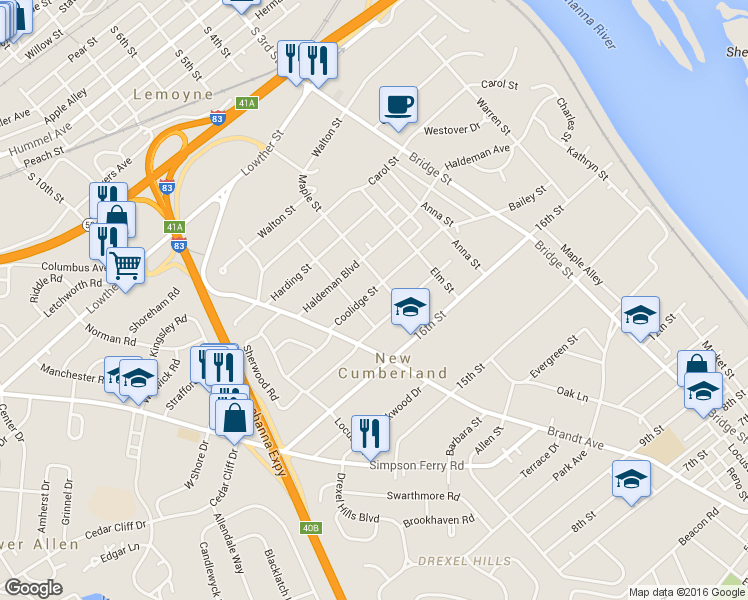 map of restaurants, bars, coffee shops, grocery stores, and more near 616 Coolidge Street in New Cumberland