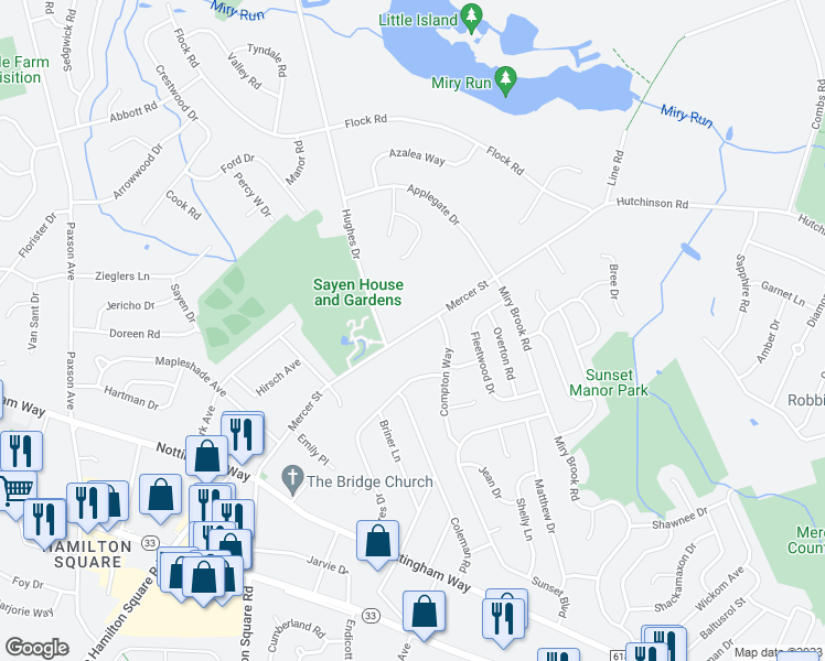 map of restaurants, bars, coffee shops, grocery stores, and more near Mercer Street in Trenton