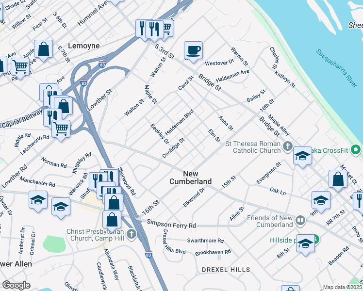 map of restaurants, bars, coffee shops, grocery stores, and more near 616 Coolidge Street in New Cumberland