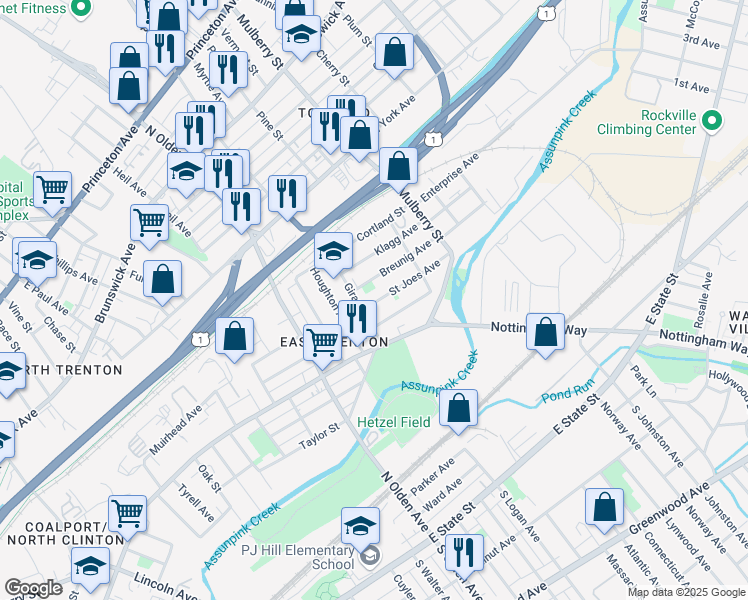 map of restaurants, bars, coffee shops, grocery stores, and more near 325 Saint Joes Avenue in Trenton
