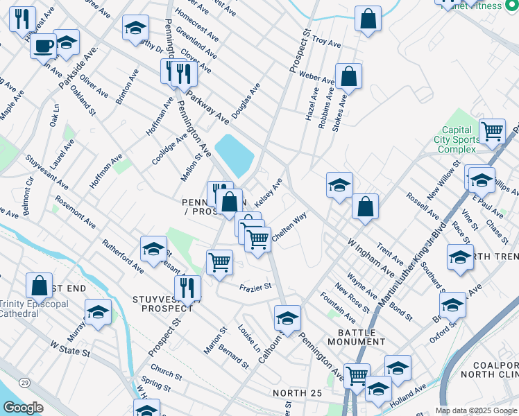 map of restaurants, bars, coffee shops, grocery stores, and more near 22 Kelsey Avenue in Trenton
