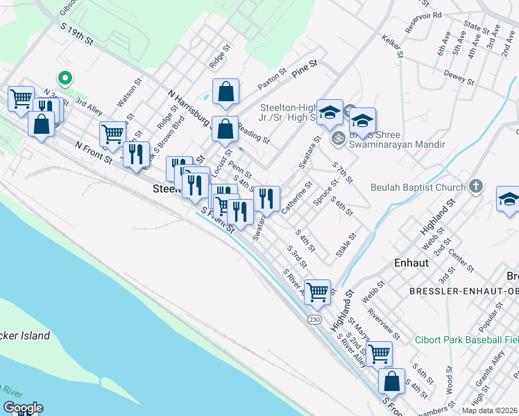 map of restaurants, bars, coffee shops, grocery stores, and more near 235R Hill Place in Steelton