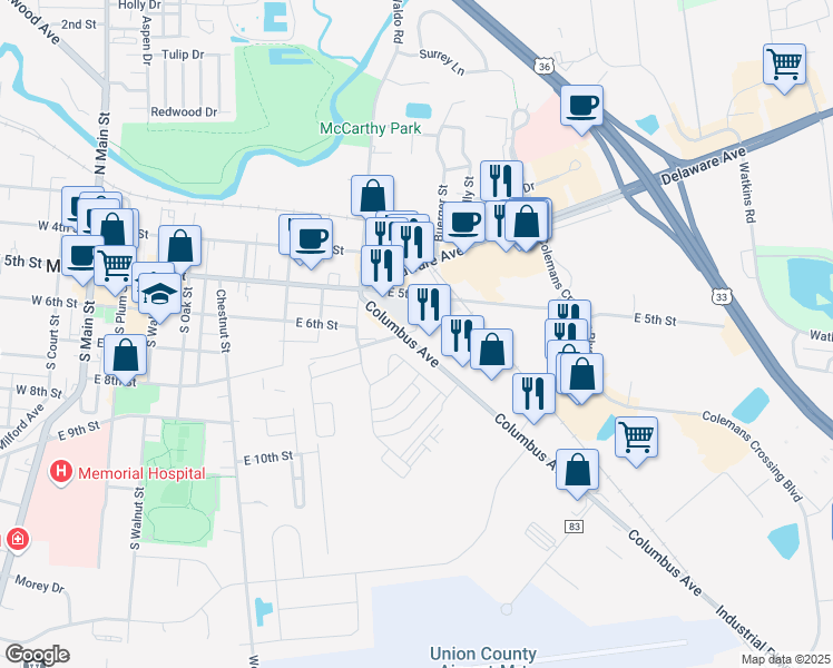 map of restaurants, bars, coffee shops, grocery stores, and more near 892 Columbus Avenue in Marysville