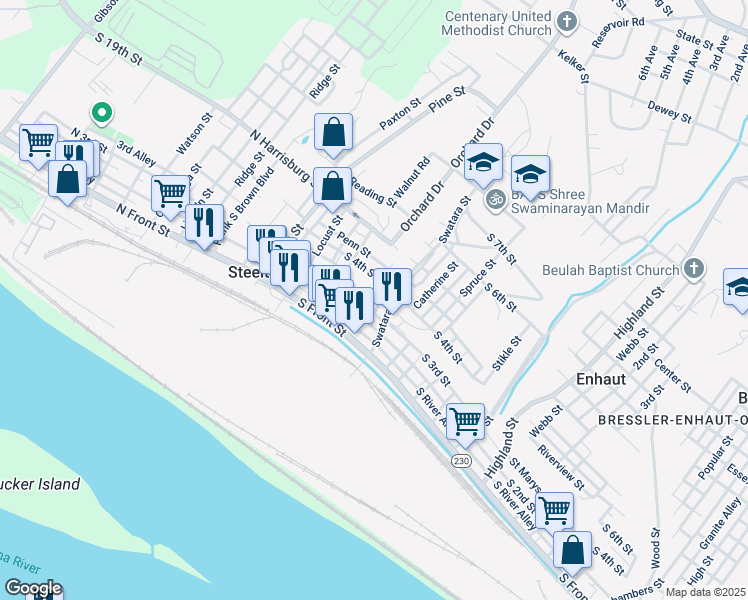 map of restaurants, bars, coffee shops, grocery stores, and more near 220 Elm Street in Steelton