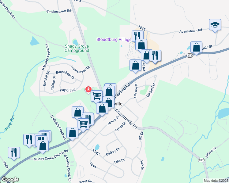 map of restaurants, bars, coffee shops, grocery stores, and more near 2684 North Reading Road in Reinholds
