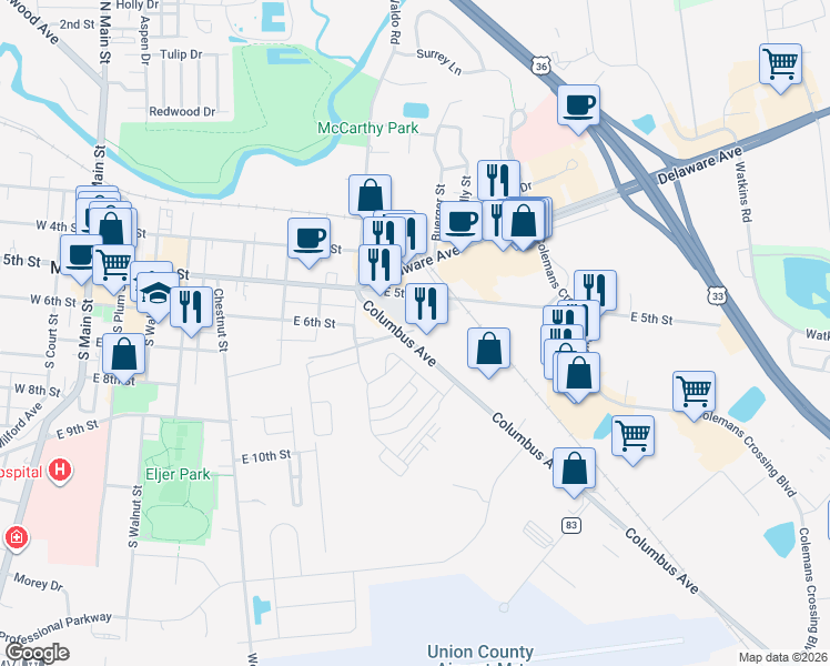 map of restaurants, bars, coffee shops, grocery stores, and more near 892 Columbus Avenue in Marysville
