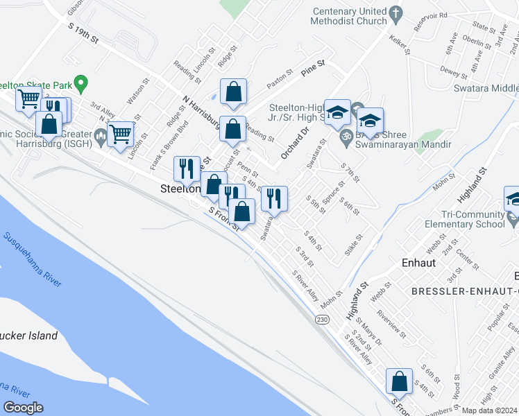 map of restaurants, bars, coffee shops, grocery stores, and more near 218 Elm Street in Steelton