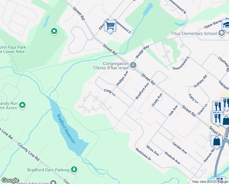 map of restaurants, bars, coffee shops, grocery stores, and more near 2419 Cindy Lane in Warrington