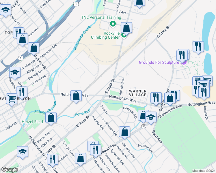 map of restaurants, bars, coffee shops, grocery stores, and more near 1760 East State Street in Hamilton Township