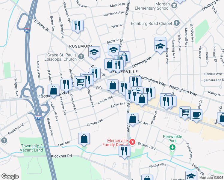 map of restaurants, bars, coffee shops, grocery stores, and more near 419 Fenwood Avenue in Hamilton Township