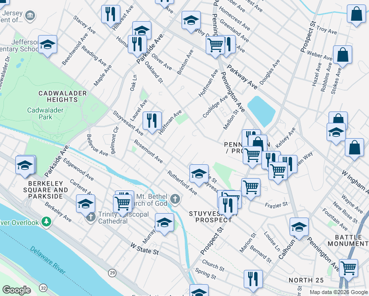map of restaurants, bars, coffee shops, grocery stores, and more near 50 Christoph Avenue in Trenton