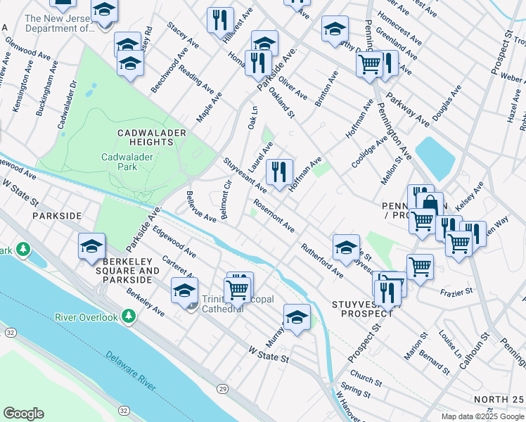 map of restaurants, bars, coffee shops, grocery stores, and more near 215 Rosemont Avenue in Trenton