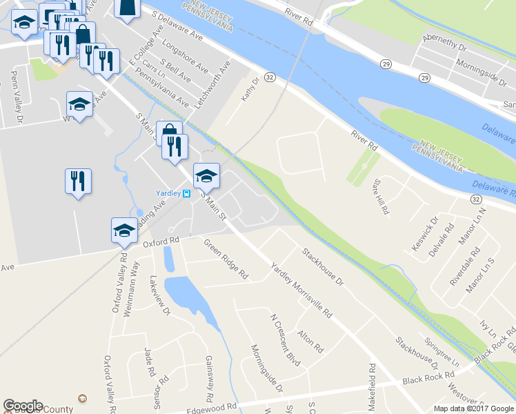 map of restaurants, bars, coffee shops, grocery stores, and more near 1813 Yardley Commons in Yardley