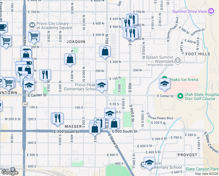 map of restaurants, bars, coffee shops, grocery stores, and more near 62 700 East in Provo