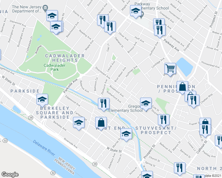 map of restaurants, bars, coffee shops, grocery stores, and more near 215 Rosemont Avenue in Trenton