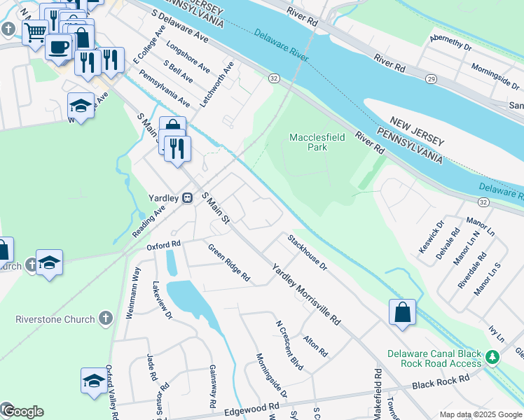 map of restaurants, bars, coffee shops, grocery stores, and more near 1813 Yardley Commons in Yardley